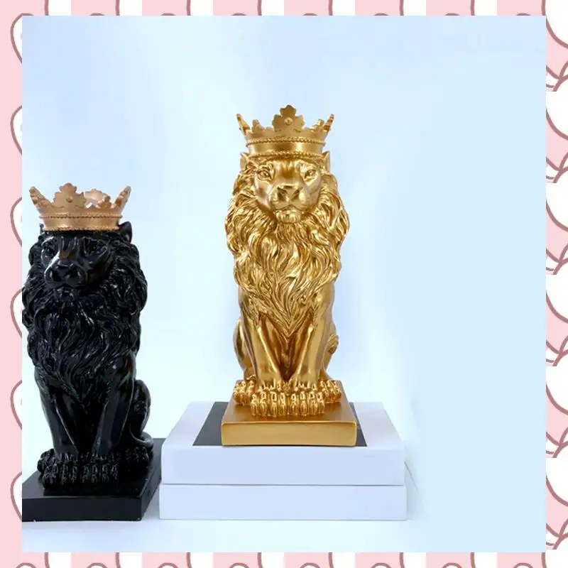 

HHTL 2 Pcs Crown Lion Statue Home Office Bar Male Lion Faith Resin Sculpture Crafts Animal Art Decor Ornaments, Gold & Black