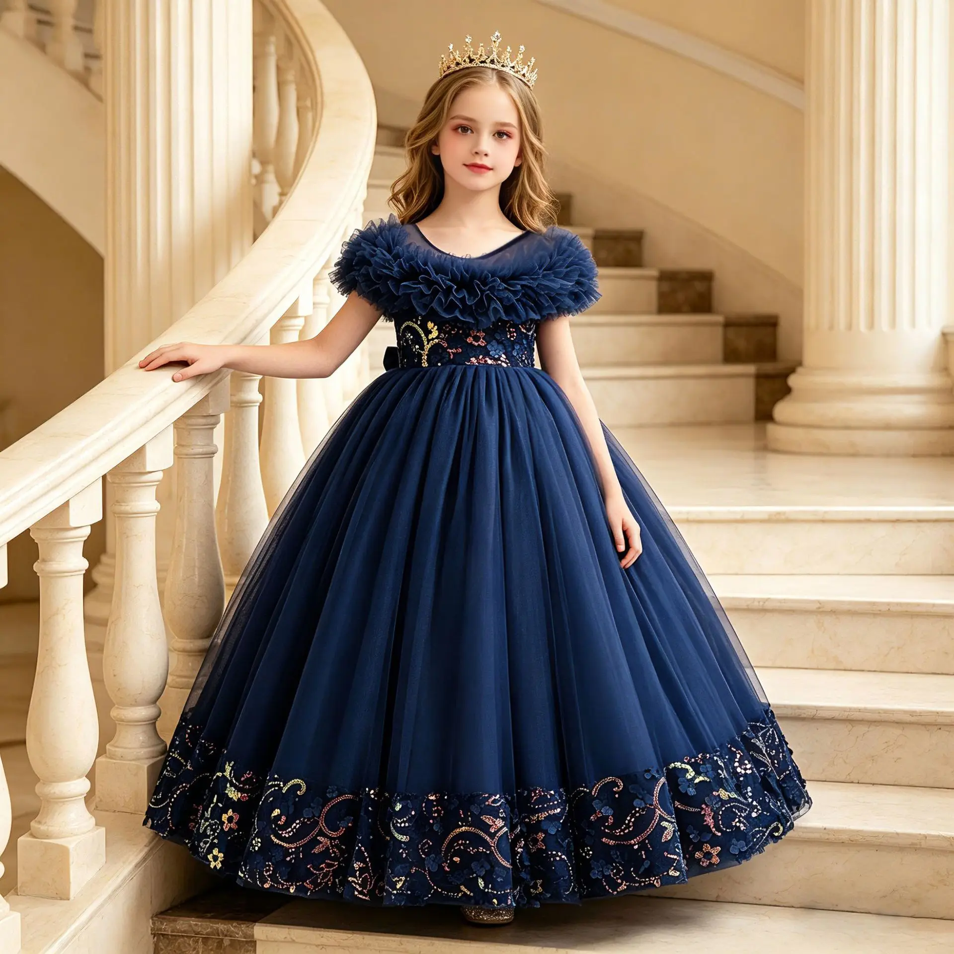 Teen Girls Floral Sequin Tulle Gown Off Shoulder Princess Dress Elegant Wedding Birthday First Communion Dresses For Girls 4-14Y