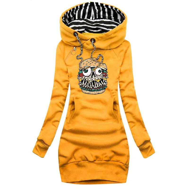 Women's Midi Skirt Dress with Pockets, Simple Hooded Style, Casual Wear, Fashionable Sporty Autumn/Winter Warm Casual Dress