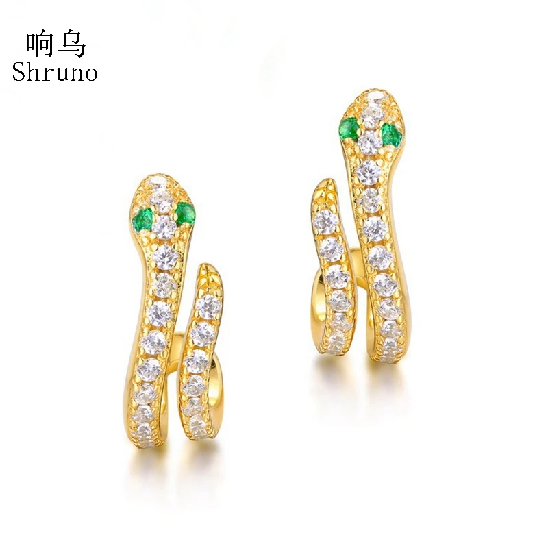 

Shruno Classic Trendy Snake Earrings Real 14k 10K Yellow Gold Genuine Emerald & Moissanite Diamond Earrings Moissanite Earrings