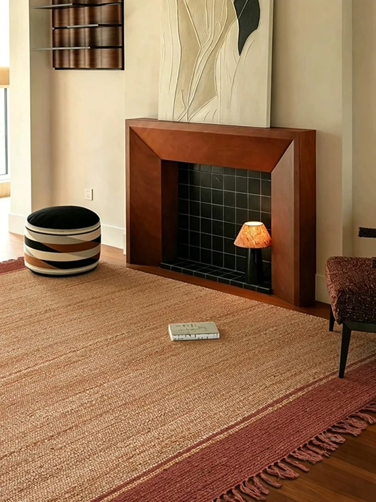 Handmade Vinage American Style Carpet Living Room Brick Red Tassel High-end Carpet Floor Sofa Table Rug Jute Solid Color Carpet