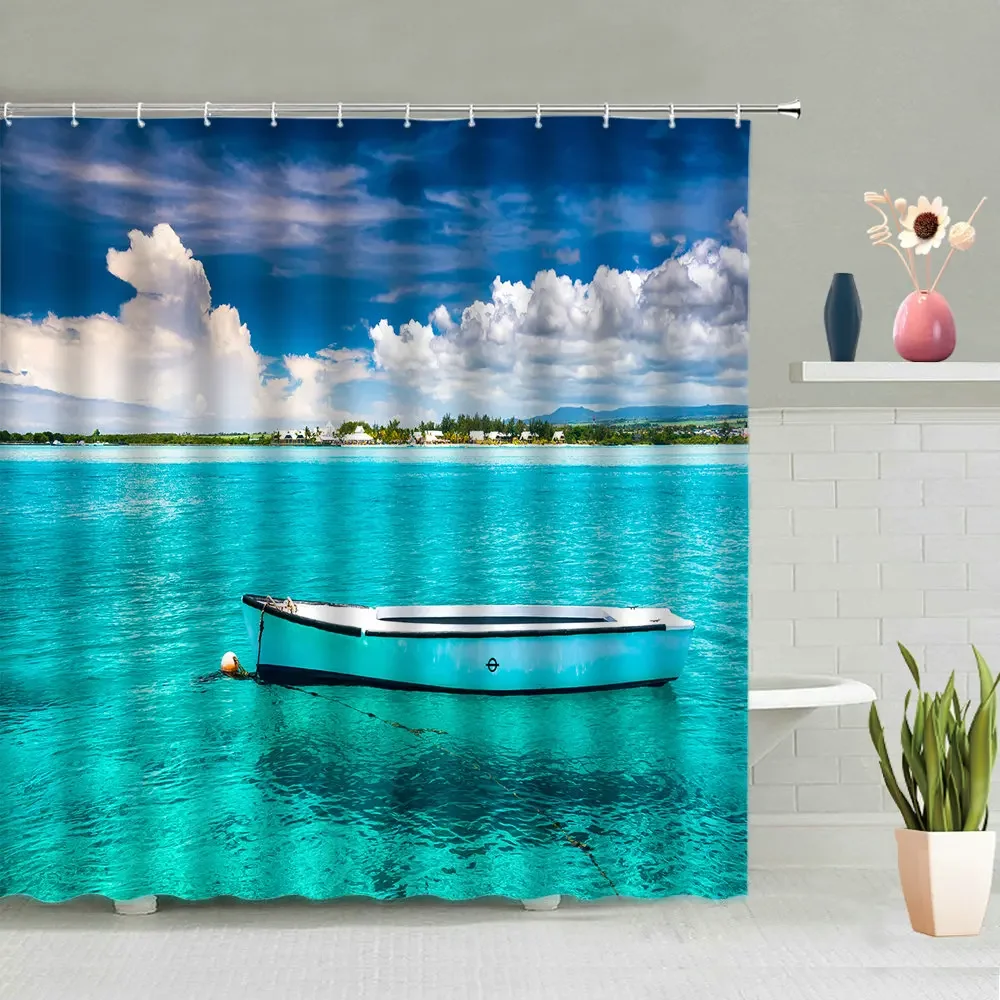 Ocean Yacht Shower Curtain Boat Blue Sea Ship Modern Scenic Printed Bathroom Curtain Waterproof Fabric Screen Home Decoration