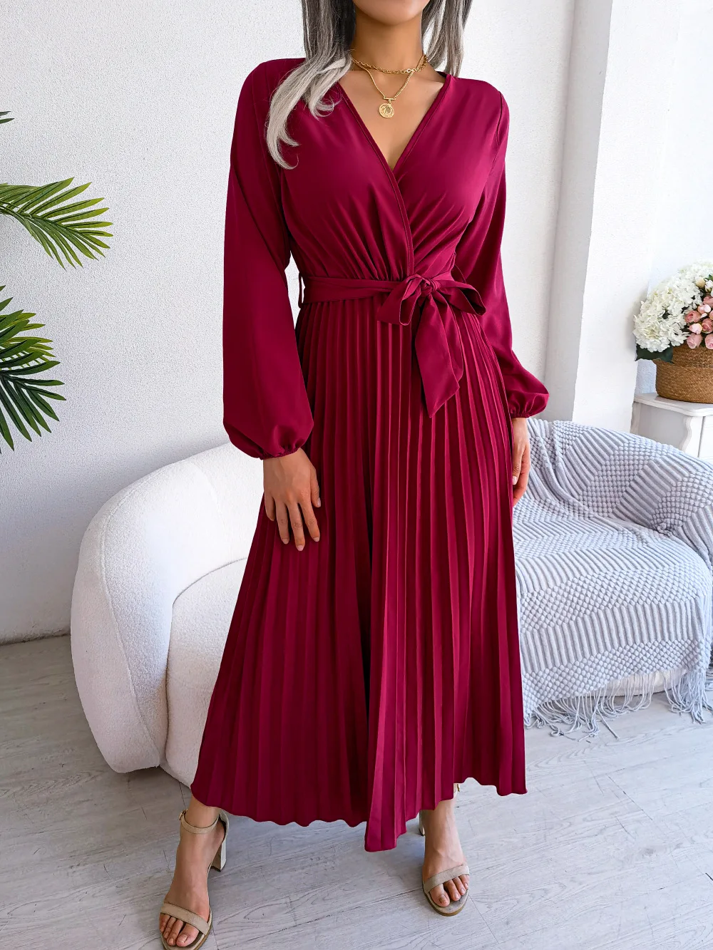 Ficusrong Women Spring Summer Cross Solid Color V Neck Large Hem Pleated Long Dress For Fashion