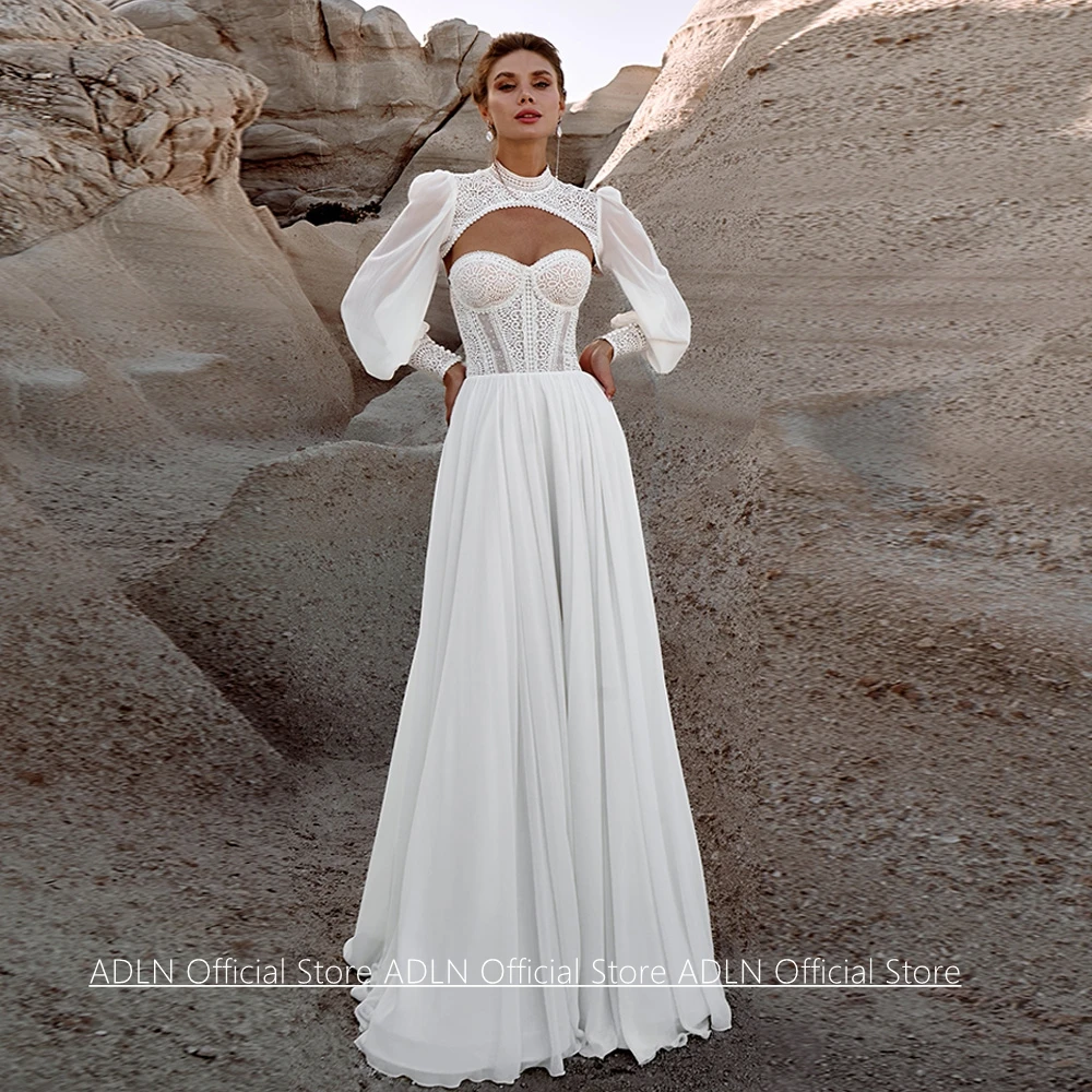 Bohemian Lace Wedding Dress Customized Sweetheart See Through Applique Chiffon Sweep Train Bridal Gown with Bolero Jacket