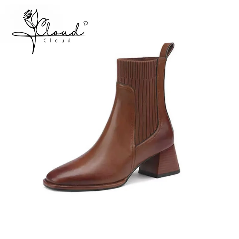 

Solid Color Nude Ankle Boots Women Square Head 2024 Spring Autumn New Slim Knitted High-heeled Slip-on Comfortable Women's Boots