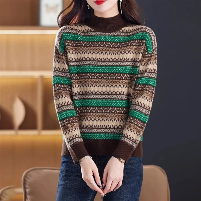 Y2K Spring Autumn Half-High Collar Sweater 2024 New Thicken Women's Clothes Pullover Top Fashion Stripe  Female Knitwear Blouse