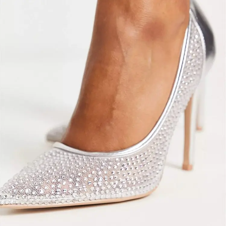 BlingBling Rhinestone Pointed Toe Shallow Women Pumps Shoes Stiletto High Heels Slip On Design Large Size Party Shoes