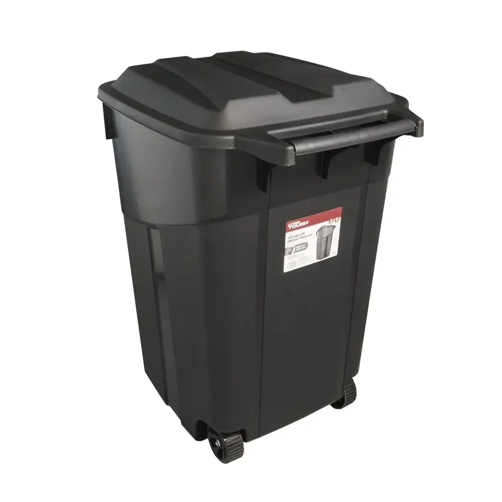 Durable 45 Gallon Plastic Garbage Can with Attached Lid and Wheels Black 2 Pack)