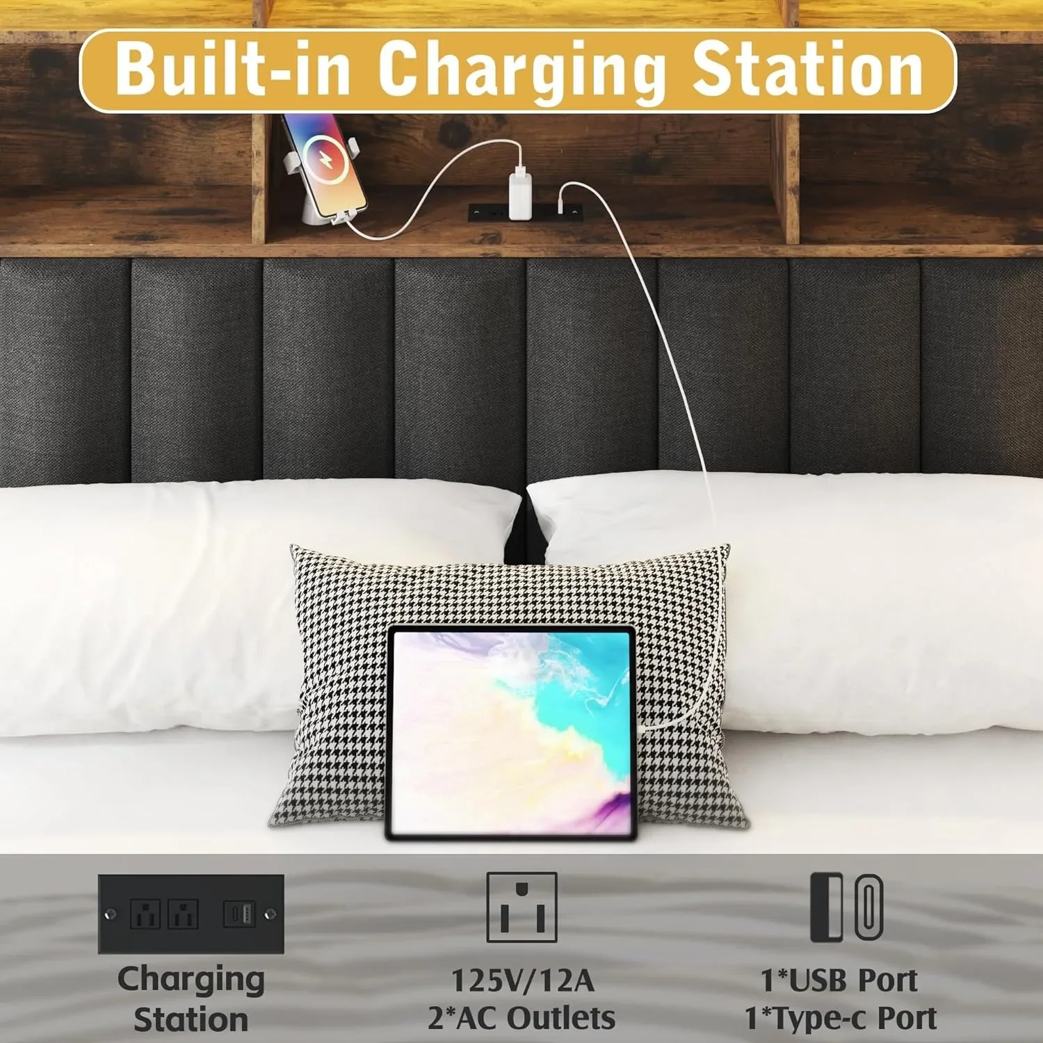 هيكل سرير كبير مع لوح رأسي، لوح رأسي لرف الكتب عالي التخزين، 4 أدراج تخزين، محطة شحن وLED، بني عتيق