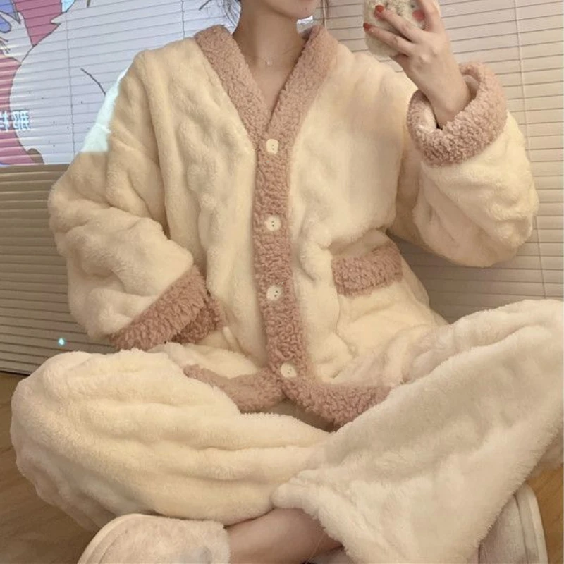 Coral Fleece Pajamas Women New Autumn and Winter 2024 Thickened Fleece-lined Graceful Couple Online Celebri Home Wear Set