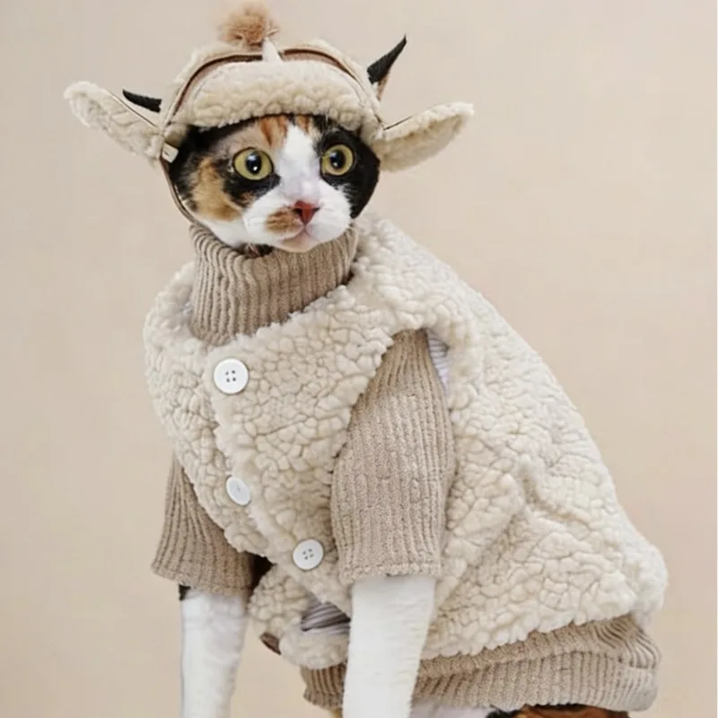Warm Fleece Cat Jumpsuit with Hat Set for Hairless Cats, Soft Stretchy Winter One-Piece for Sphynx Devon Rex Bengal Abyssinian