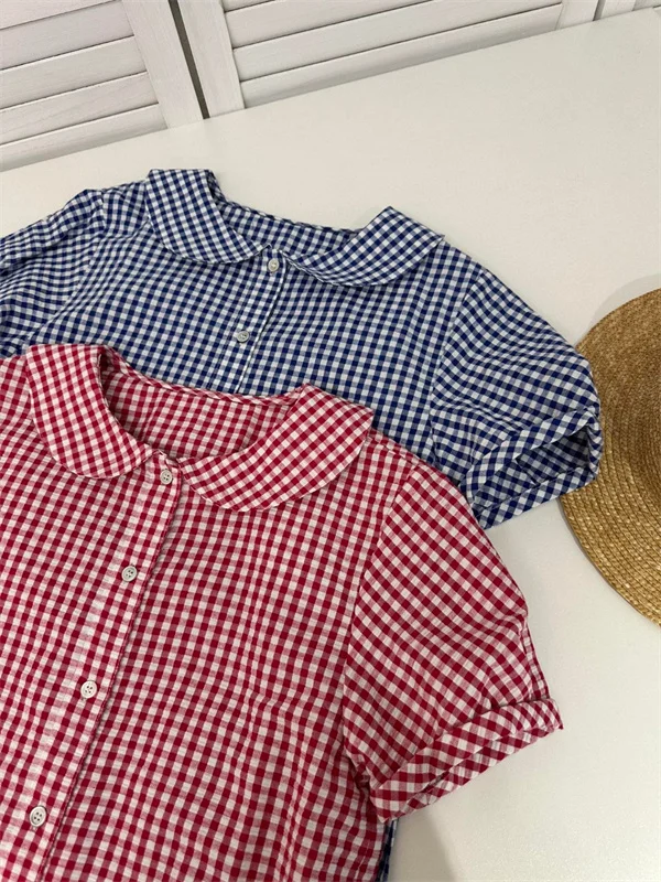 디자이너 걸 안티에이징 돌칼라 버블 슬리브 체크무늬 반팔 셔츠 여름 상의 패셔너블 출퇴근 루즈핏 버튼다운