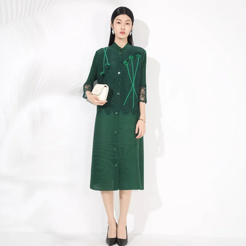 

Miyake pleated new style temperament plus size solid color loose skirt stand collar buckle A-line dress [20252074]