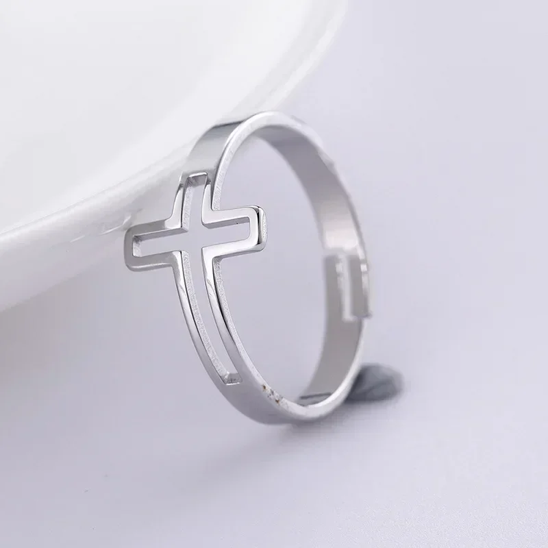 Christian Christ Jesus Cross Ring Stainless Steel Gold Color Lord Prayer Catholic Rosary Church Rings Jewelry Anillo Open Size