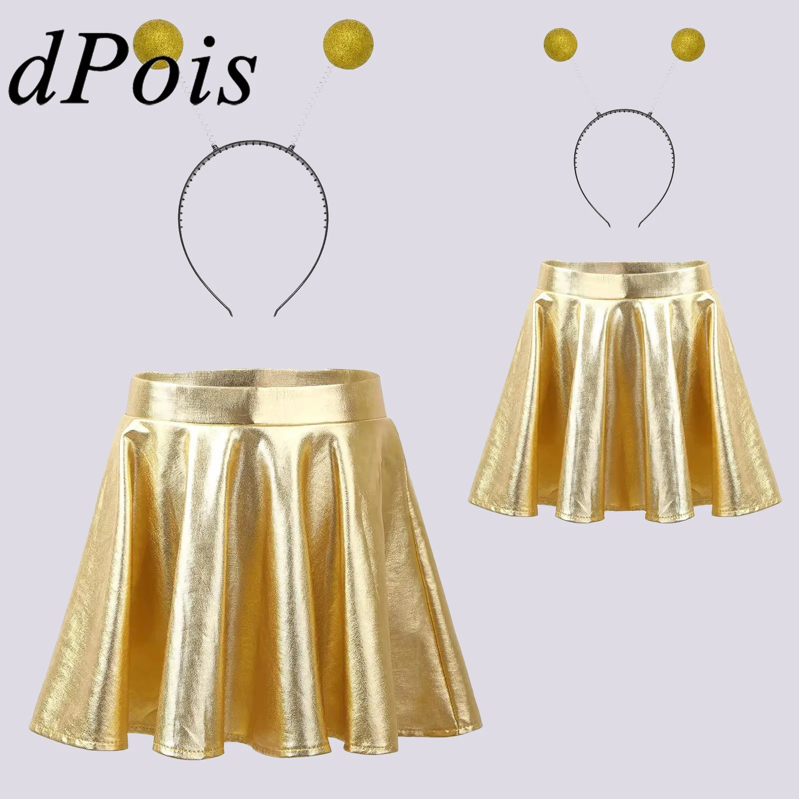 

Костюм инопланетянина для девочек, блестящая металлическая расклешенная плиссированная мини-юбка с обручем для волос на Хэллоуин, косплей, ролевые игры, аксессуары для вечеринок