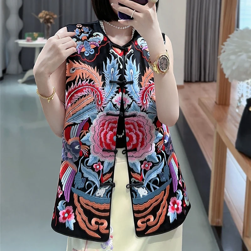 

2023 High-Quality New Summer Acetate Embroidery Colorful Phoenix Peony Chinoiserie Style Fashion Single Breasted Lady Vest S-XXL