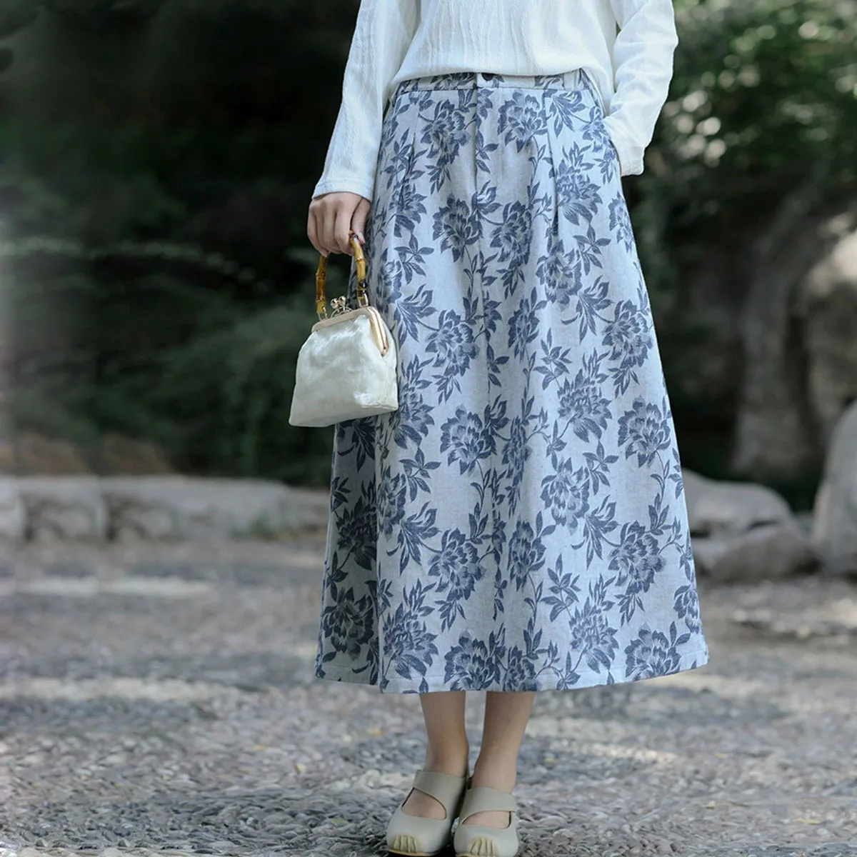 

Women's Jacquard Cotton Midi Skirt with Pockets Chinese style Casual Flowy Swing Elastic waist A-Line Long Boho Skirts Autumn