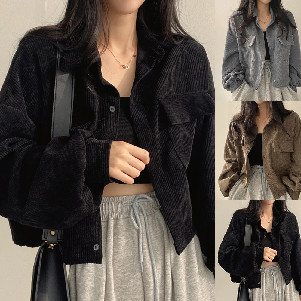 

Women Vintage Versatile Jacket Single Breasted Lapel Corduroy Ladies Long Sleeved Coat Streetwear Fashion