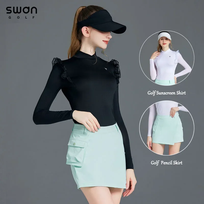 

SG Sumemr Lady Sun Protected Cooling Underwear Lace Sleeves Ice Silk Golf Shirt for Women Pencil Skirt Anti-light Pantskirt Sets