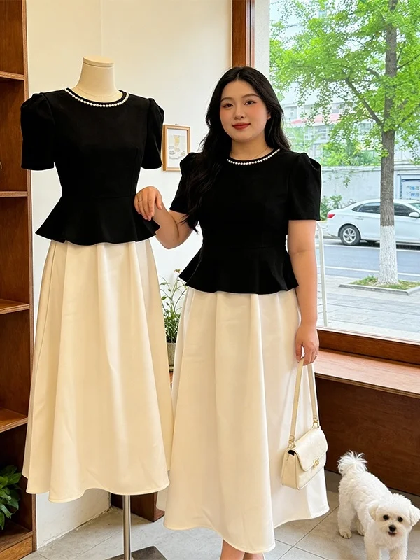 

Elegant plus Size Summer Outfit Women's Black Short Sleeve Top High Waist Skirt Two Piece Set Korean Style Commute Fashion