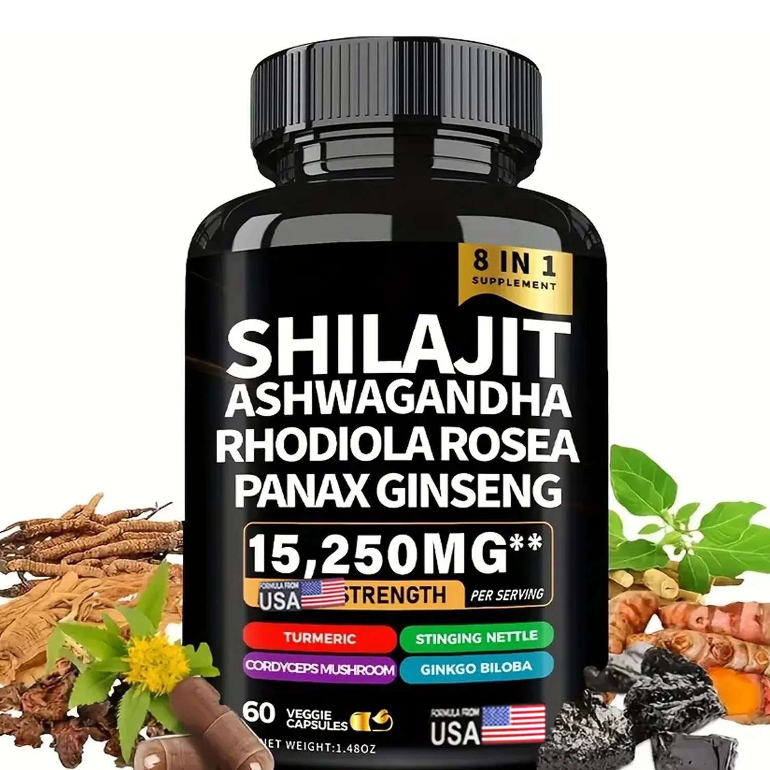 

8-In-1 Shilajit Wellness Supplement Fulvic Acid Capsules for Men and Women