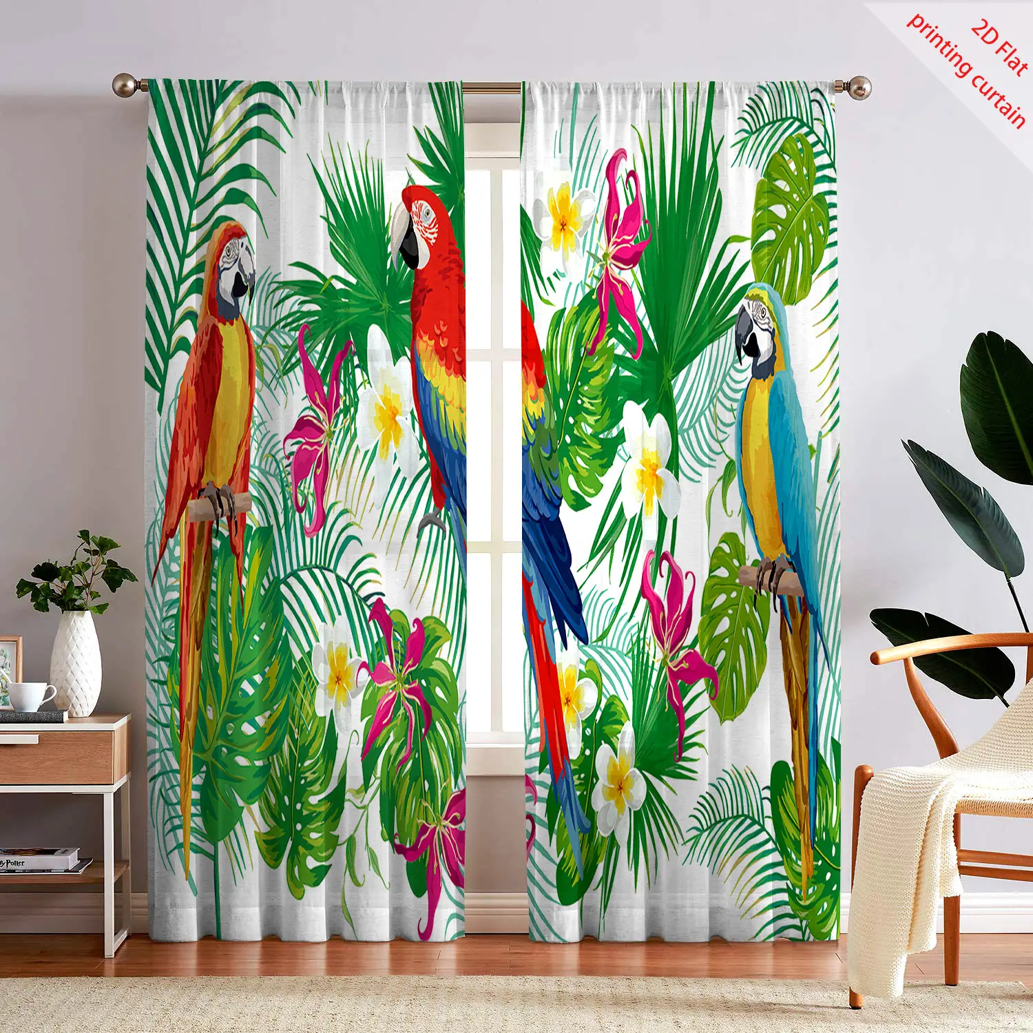 Tropical plant printed transparent gauze curtain, used for offices, bedrooms, living rooms, balcony windows, and home decoration