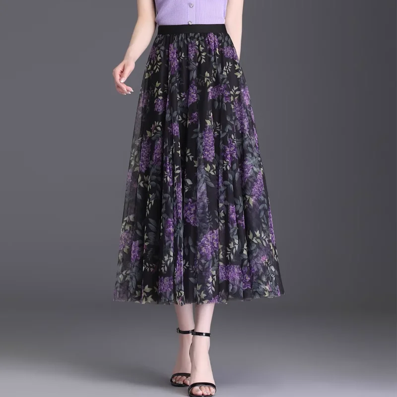 

Женская фиолетовая юбка макси из тюля с цветочным принтом, с высокой талией, на резинке, А-силуэт, элегантная, сетчатая, длинная