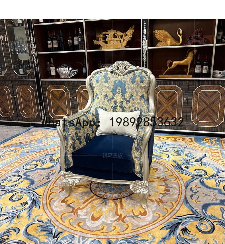 CZ French Court Style Leisure Chair European Fabric Sofa Chair Balcony Solid Wood Embroidered Chair