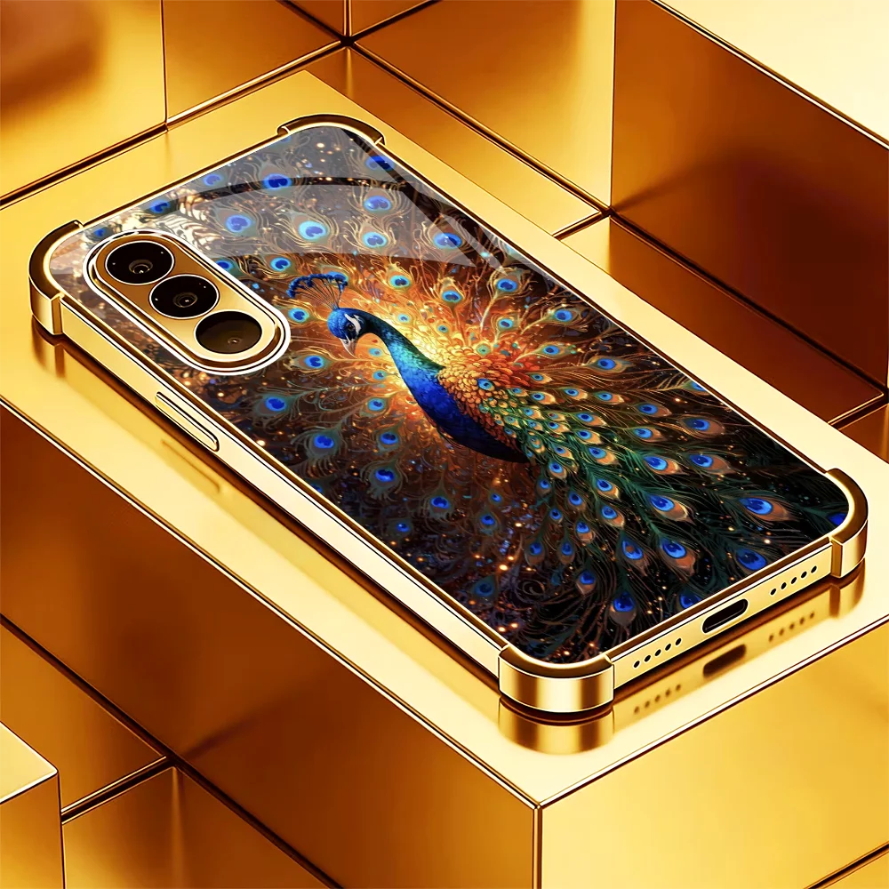 Blue Gold Peacock s26 ultra case s25 Glass phone case for Samsung Galaxy S26 25 24 23 22 21 FE Ultra Plus Scratch Resistant Case