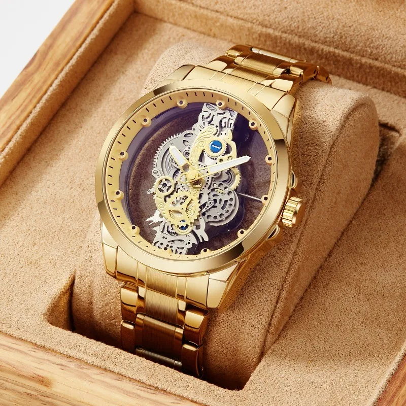 2024 New Men Watch Skeleton Quartz Wristwatch Gold Skeleton Retro Man Watch Top Brand Luxury Clock Mens Watches