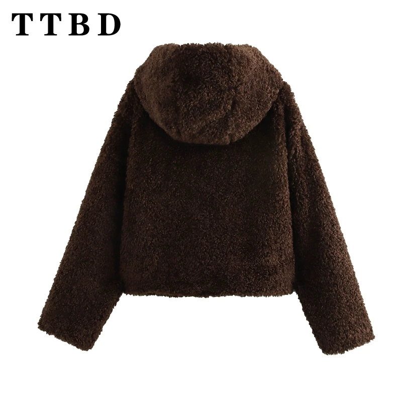 TTBD 2024 delle Nuove Donne di Autunno Casual monopetto in Pile di Colore Solido Giacca Femminile Vintage Con Cappuccio Collare Manica Lunga Top Coat