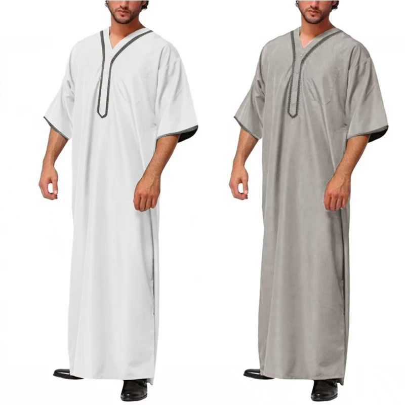 

Arab Dubai Men's Jubba Thobe Short Sleeve Muslim Islamic Clothes Ramadan Mens Abaya Long Dress Shirts Robe Kurta Hombre Caftan