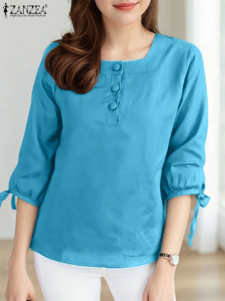 ZANZEA Moda Donna Camicette eleganti Autunno Colletto quadrato Tinta unita Tunica Top 2025 Casual Allentato Manica 3/4 Camicie da lavoro da ufficio