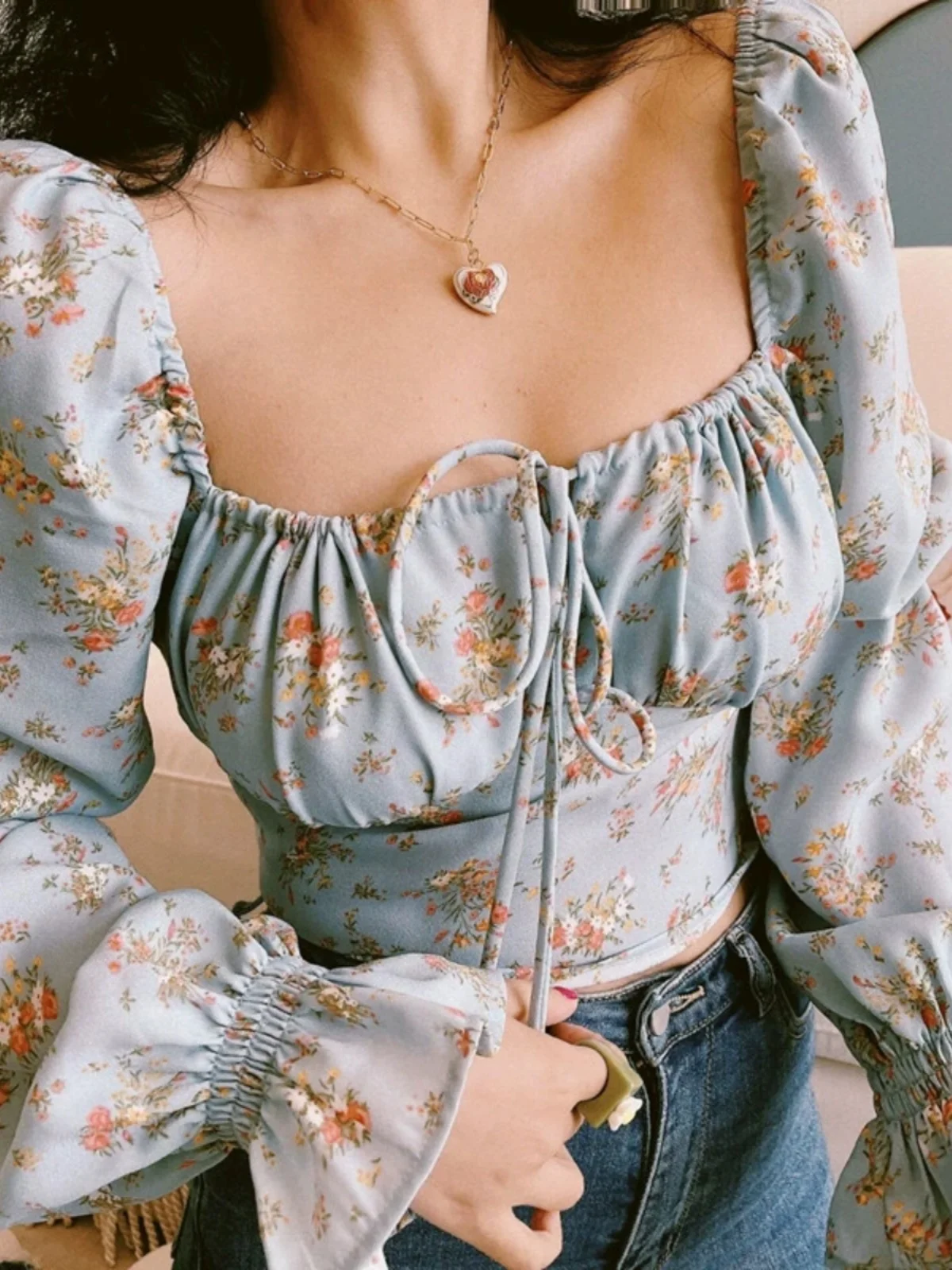 

Retro Floral Print Bubble Sleeve Square Collar Shirt Sexy Belly Baring Holiday Top Women's Skin-friendly Breathable Slim...
