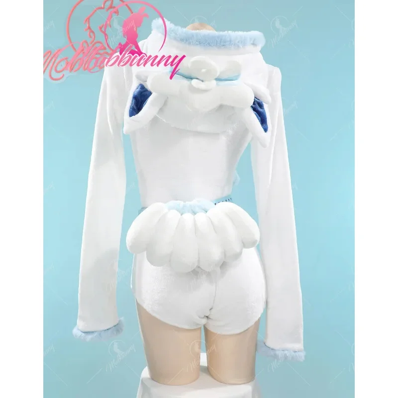 Mobbunny PM مشتق رقيق Bodycon رومبير مثير الملابس الداخلية أبيض أزرق فروي مقنعين ارتداءها مع حزام الذيل والجوارب
