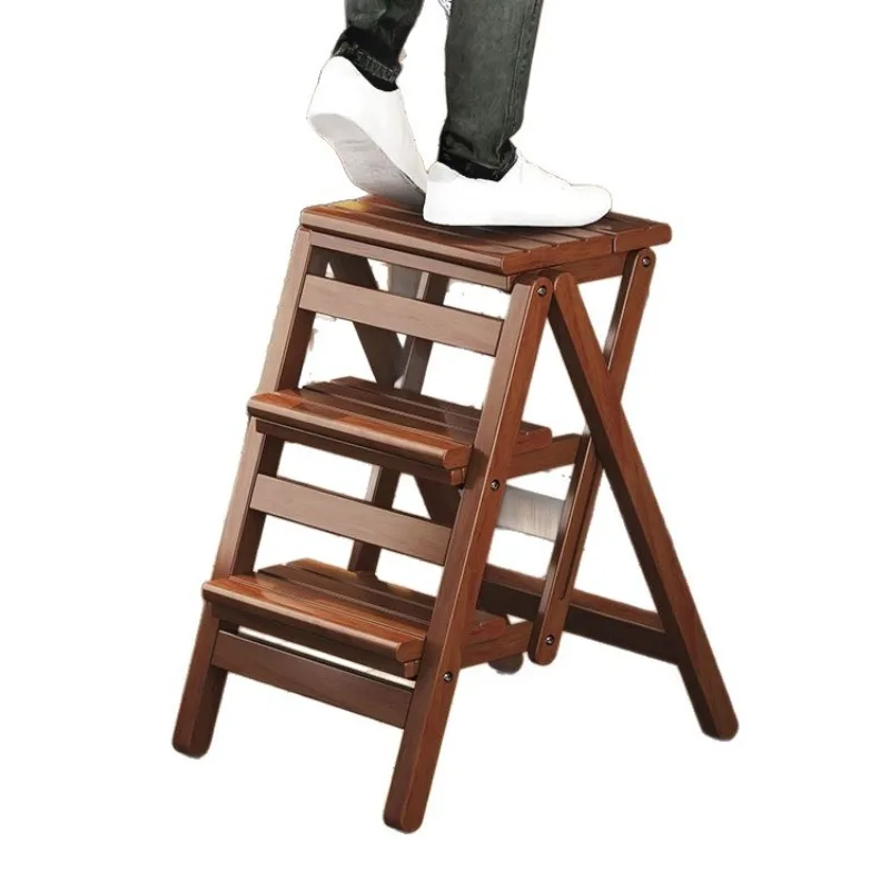 Multi-functional Bamboo Wood Folding Ladder Chair Kitchen Hat Rack 2 Step Ladder Province Space Stair Chair Plant Rack Furniture