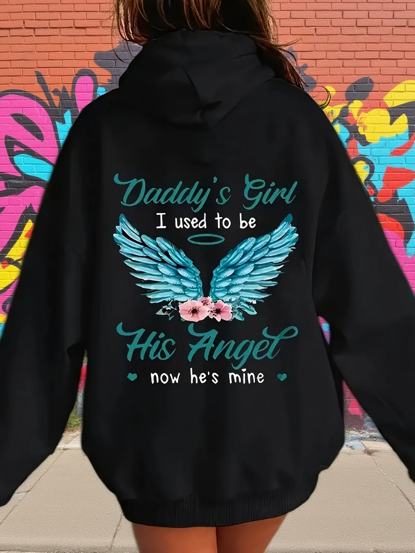 Plus Size Casual Hooded Sweatshirt, with Angel Wing Letter Print - 100% Fabric Hoodie with Geometric Pattern, Sweatshirt with Hood And Drawstring Slight Stretch Top