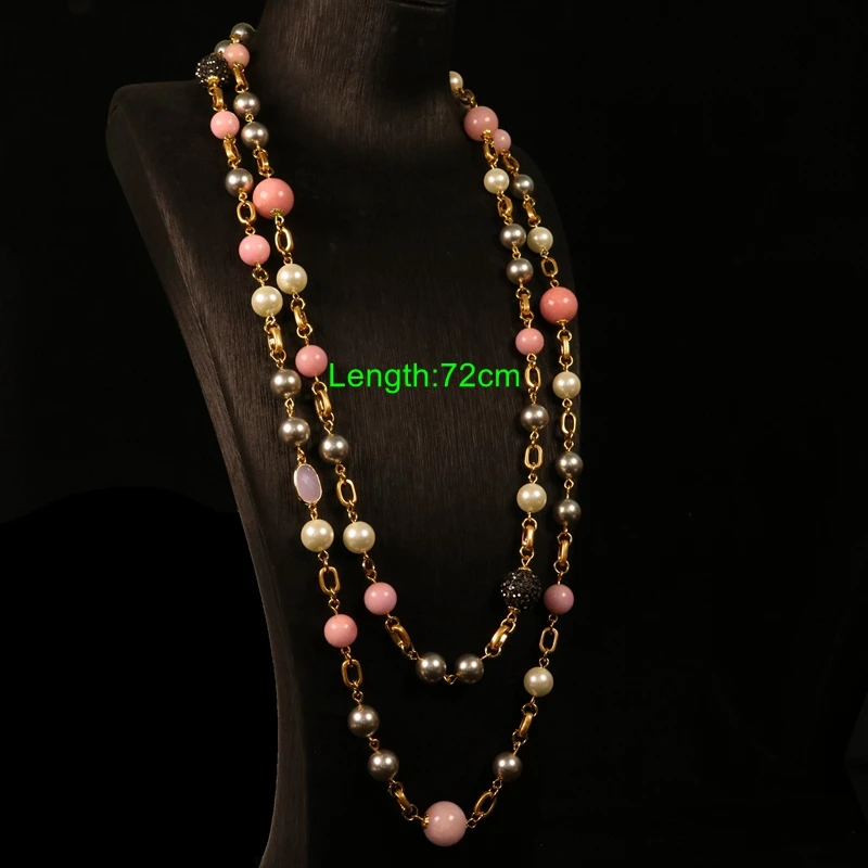 Pink Stone Gray Pearls Long Pendant Trendy Statement Necklace