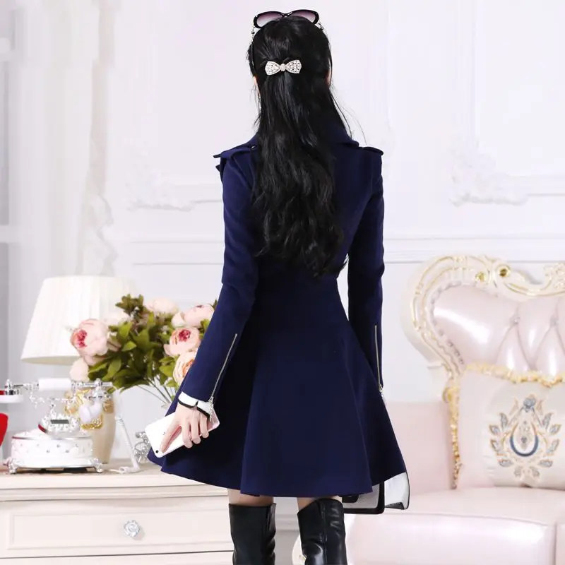 Zipper long sleeved woolen coat women\'s Jacket medium length slim winter thickened navy blue