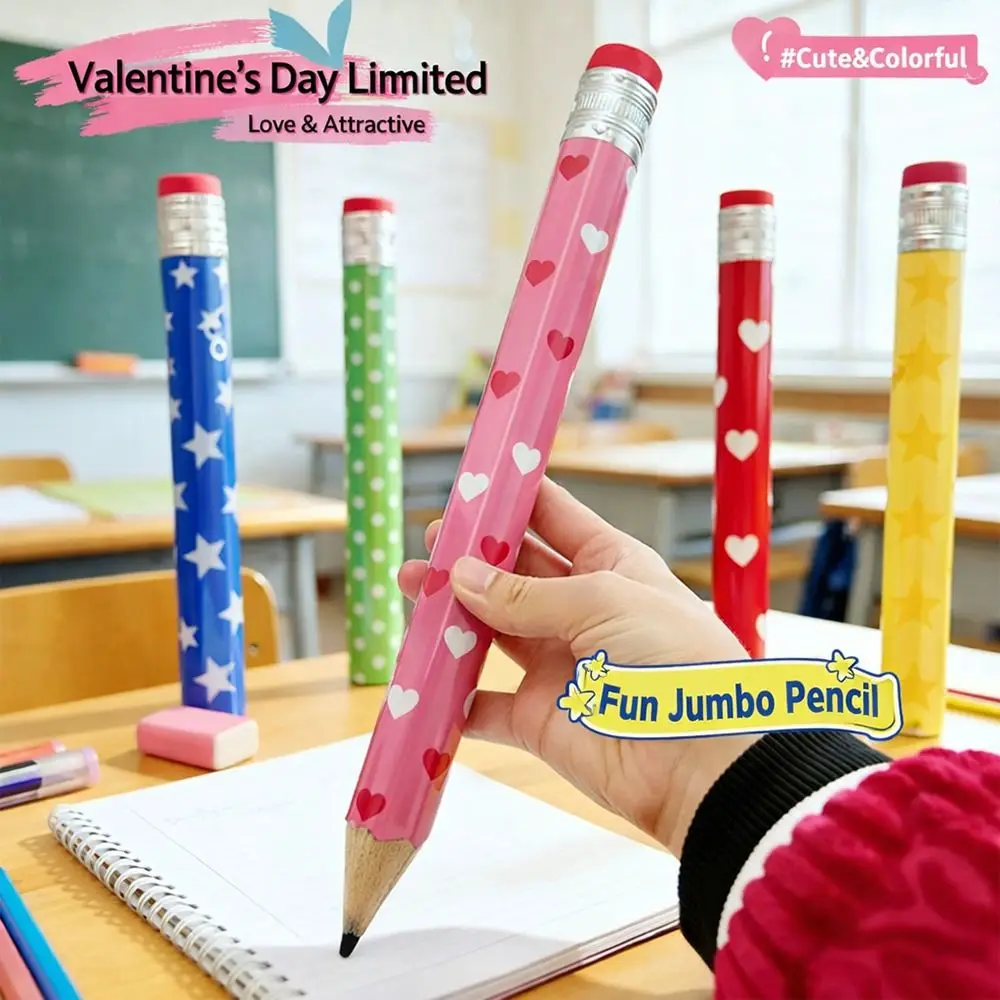 

High Quality Wooden Big Pencil 34CM Heart Geometric Printed Stationery Pencil with Eraser Huge Pencil Performance Prop