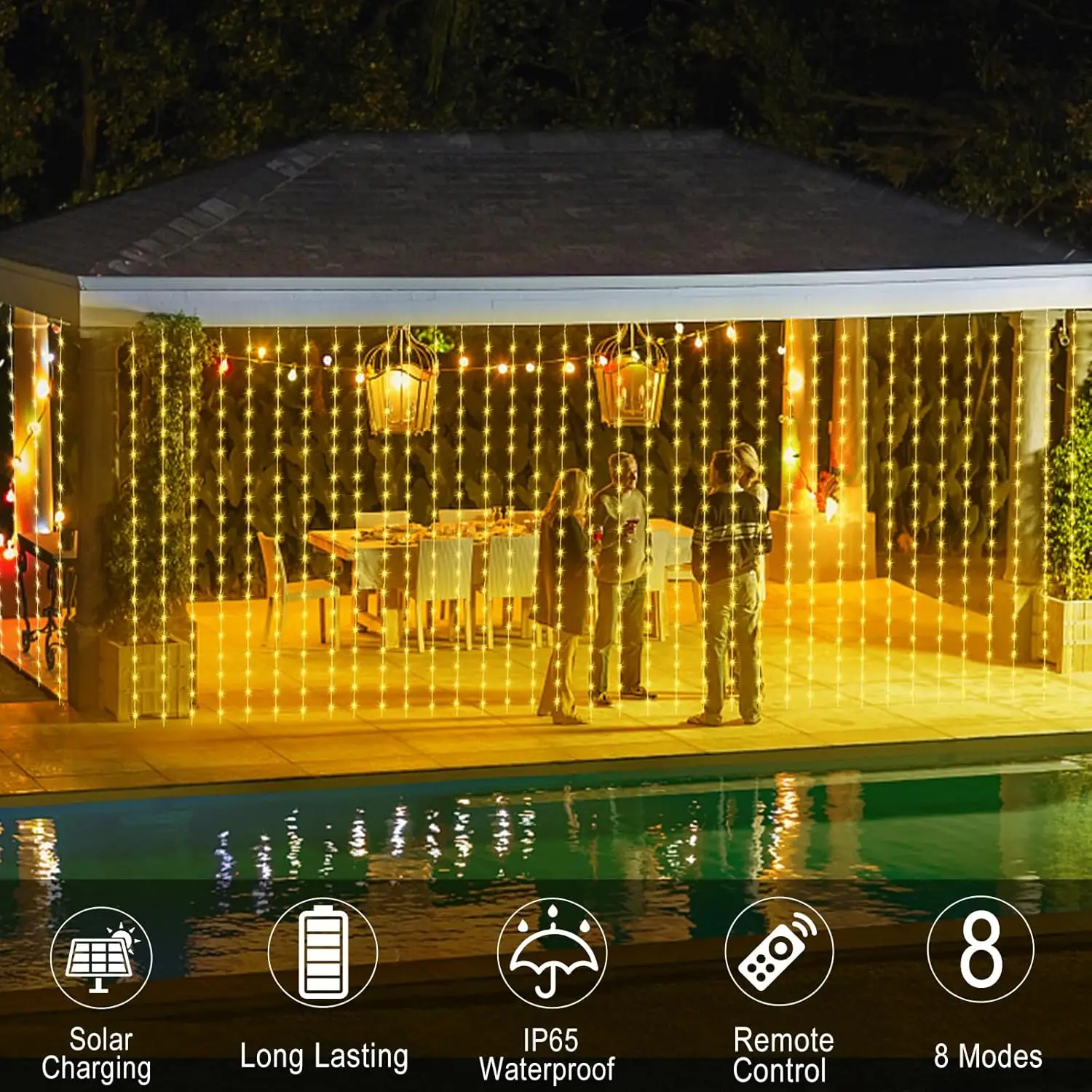 Cortina de luces LED Solar para decoración de pared, luces de alambre de cobre a prueba de agua IP65 para fiesta de Navidad, boda y jardín, 300