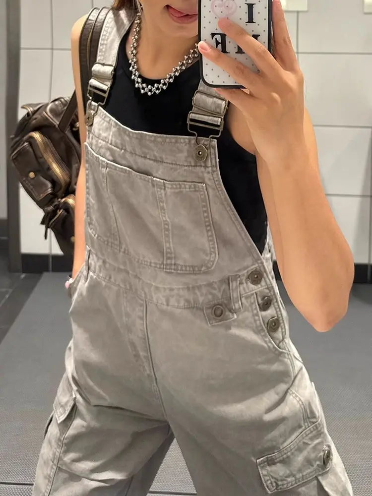 

American Retro Workwear Overalls Women's Loose Straight Wide Leg Pants Multi Pockets High Waist Jeans Summer Fashion
