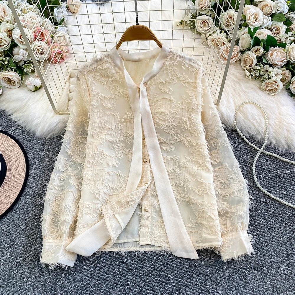 TWOTWINSTYLE Gentle Temperament Solid Blouses For Women Round Neck Long Sleeve Autumn Elegant Loose Shirts Female New KBL557033