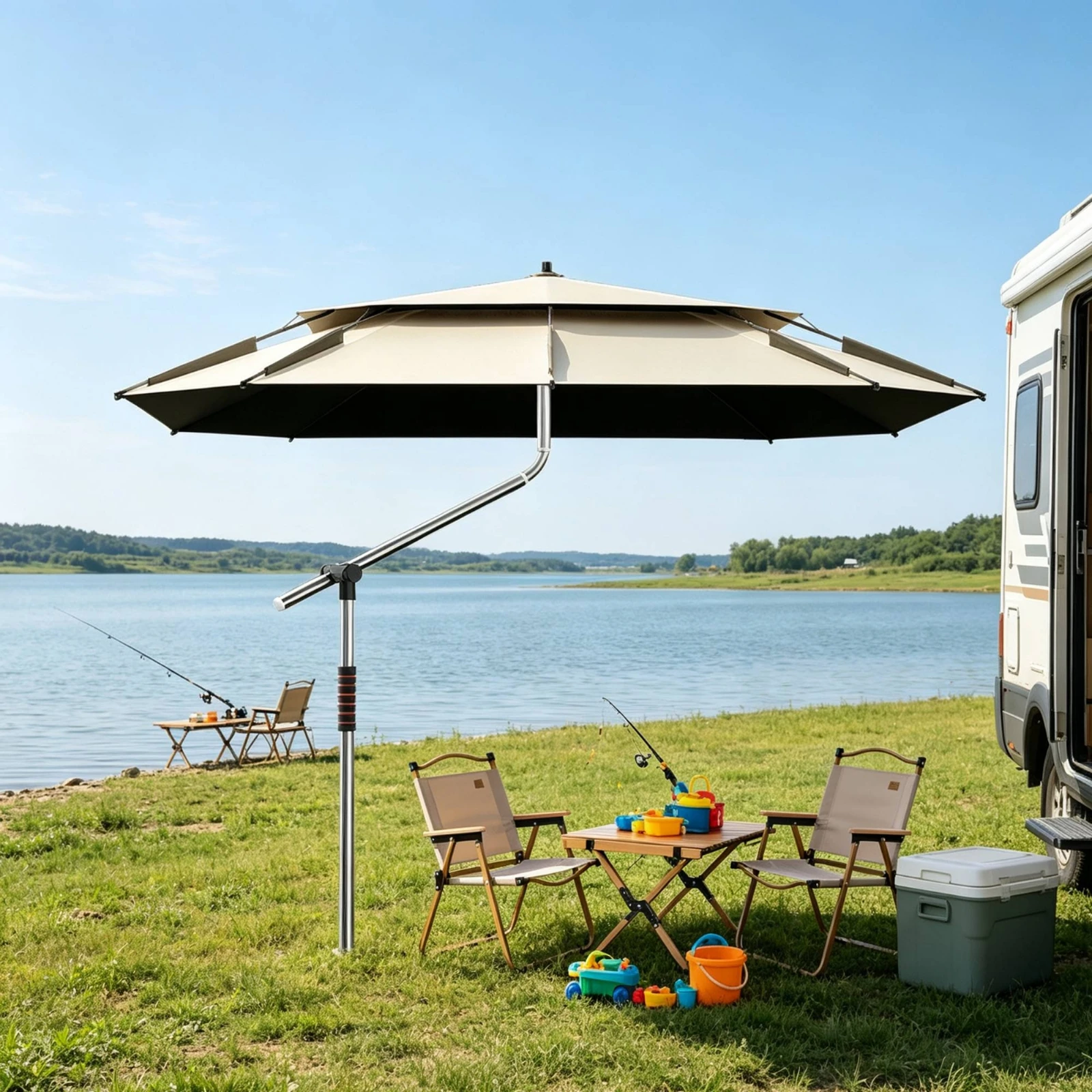 Fishing Umbrella with Stainless Steel Shaft Windproof Square Umbrella with Side Wings Canopy with Support Pole Large for Anglers