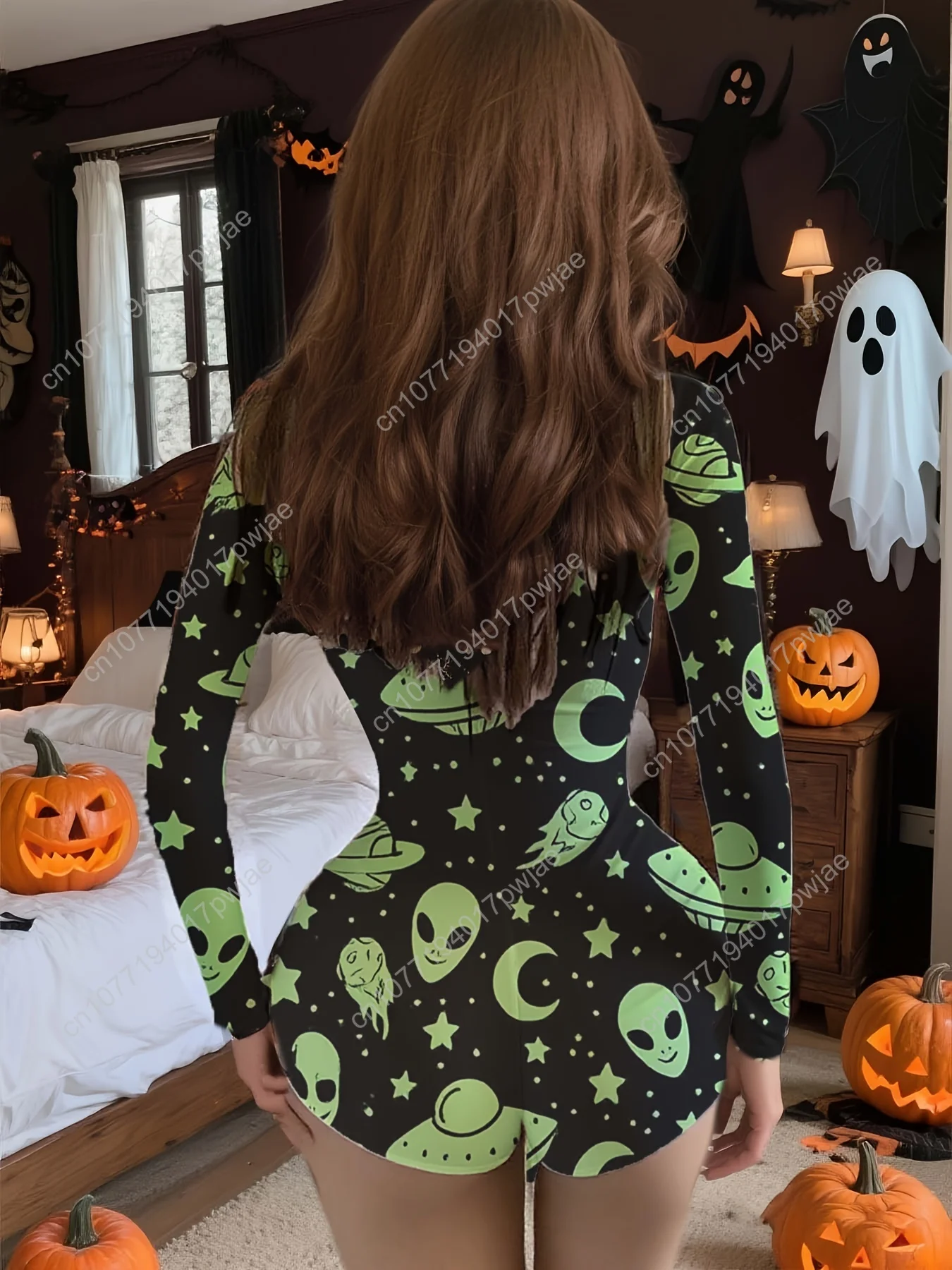 Combinaison sexy décontractée pour femmes d'Halloween, avec imprimé vaisseau spatial extraterrestre noir et vert, manches longues confortables, conçue pour Th