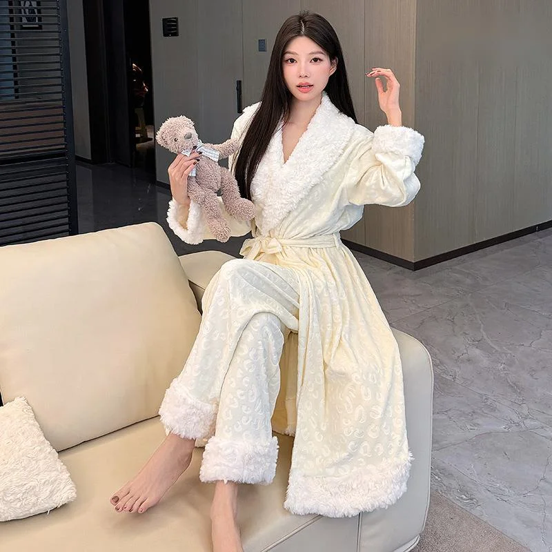Women Nightrobe Silk Fiber New Island Velvet Pajamas Girl 26 Autumn Winter Long Thick Warm Robe Pants Set Furry Nightgown