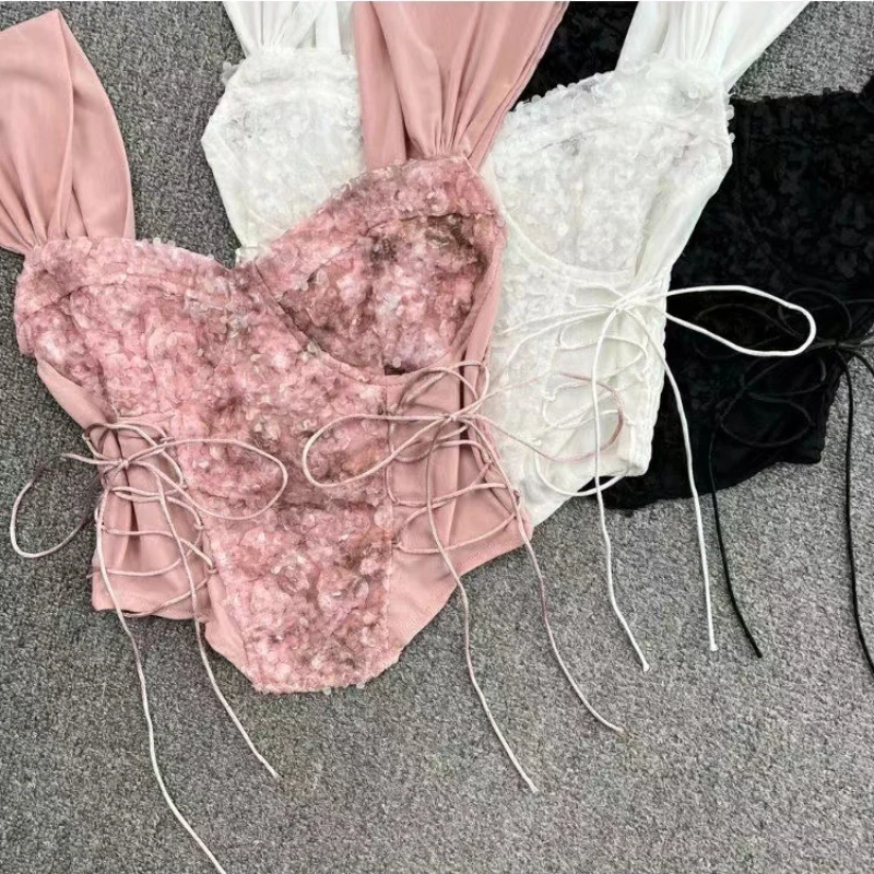 Top a tubino a maniche corte in pizzo corto con canotta per abbigliamento esterno estivo Top con cinturino a lisca di pesce Sexy per donna Top De