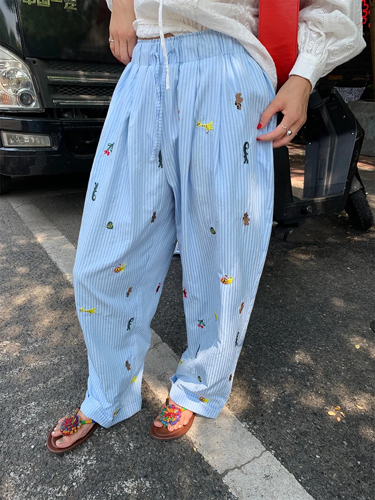 

High Waist Wide Leg Pants Women's Blue Striped Embroidered Elastic Waist Casual Trousers Summer New Style Cotton Polyester Blend