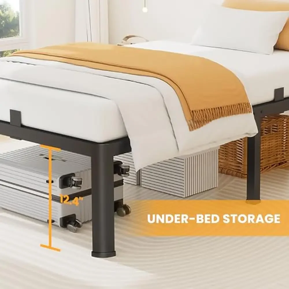 Estrutura de cama de plataforma metálica com armazenamento sob a cama, construção resistente, design sem ruído, canto arredondado, fácil, queen size