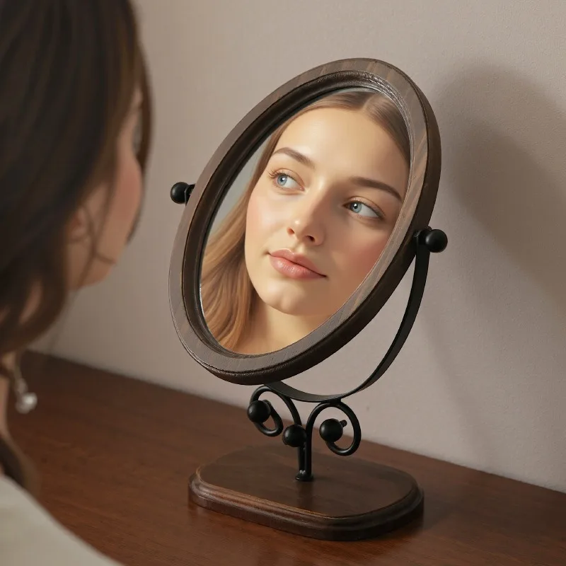 Vintage Wooden Makeup Mirror - Stylish Rotatable Desktop Mirror for Home Use, Practical Bedroom Stand Mirror with Classic Asian